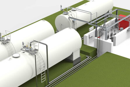 Eine Heizöl-Tankanlage mit Lagertanks, Rohrleitungen und Armaturen als 3D Rendering für Beratung und Fachplanung.
